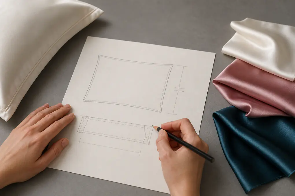 Anonymous hands draw seam and dimension lines for a silk pillowcase beside three real silk samples