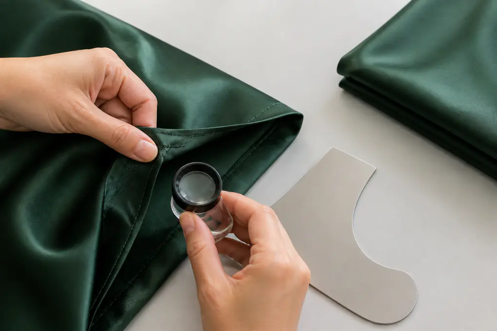 Anonymous hands inspect a green silk seam with a loupe and an unmarked curved template