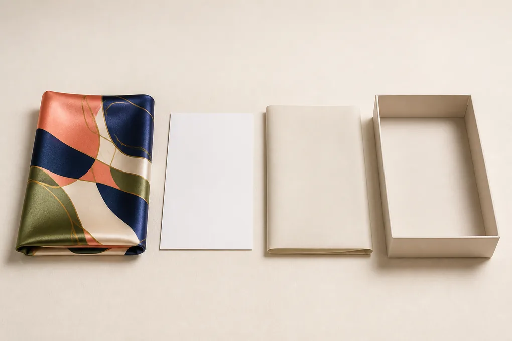 Printed silk pillowcase folded inside a private-label retail presentation