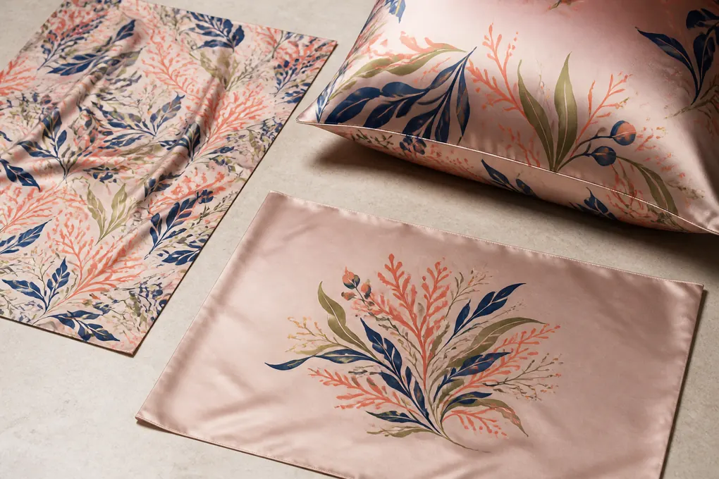 Printed silk pillowcase showing repeat placement near a seam and opening