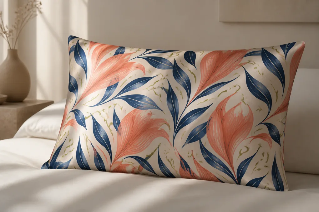 Printed silk pillowcase shown on a filled pillow with a balanced repeating design