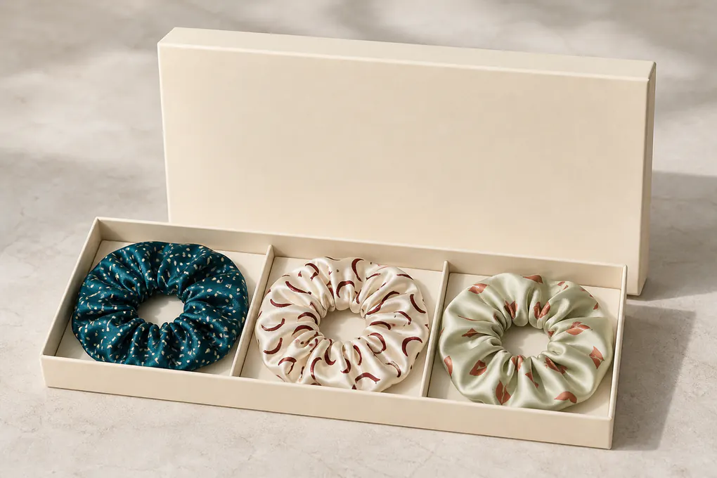 A coordinated printed scrunchie trio in a plain box with each motif fully countable