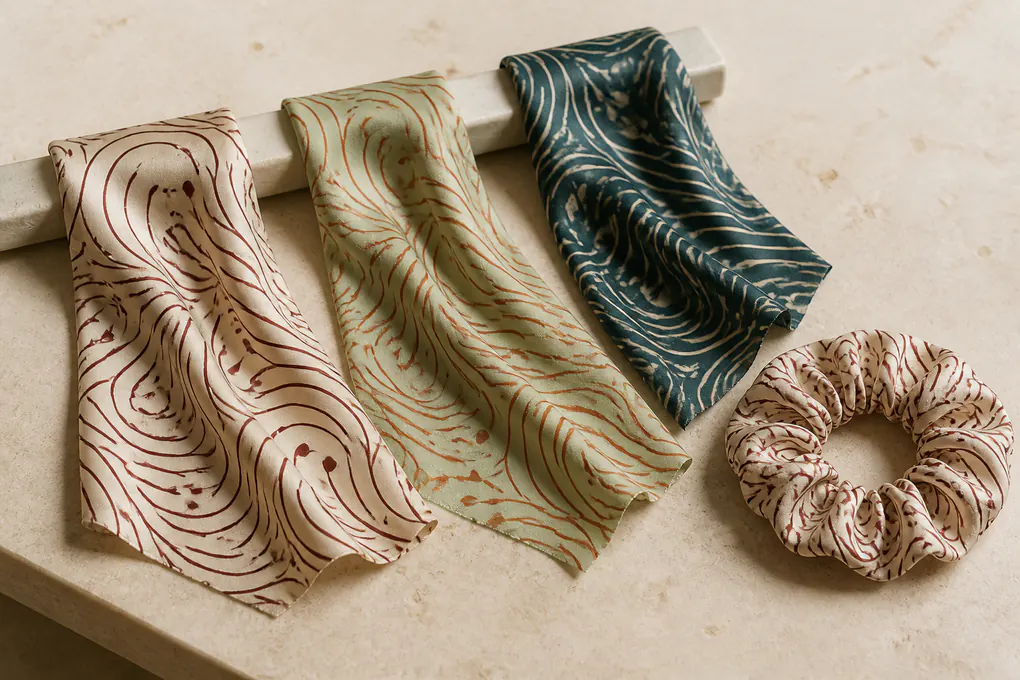 Printed silk scrunchie variant review set