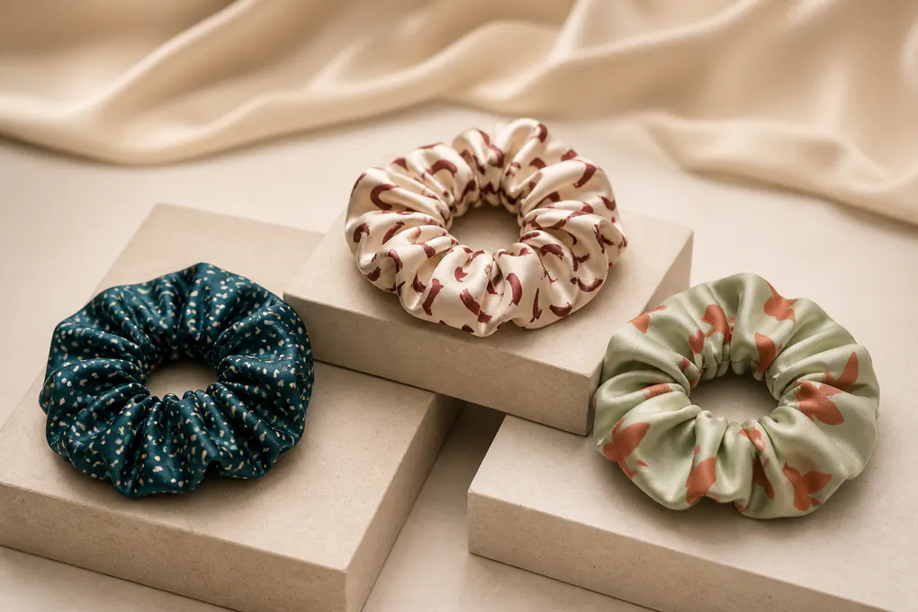 Printed silk scrunchie showing a gathered repeat