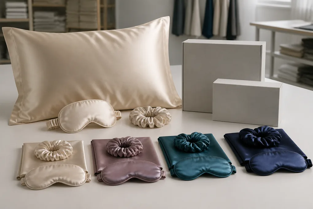A coordinated pillowcase, mask and scrunchie set beside two plain packaging formats and countable color variants