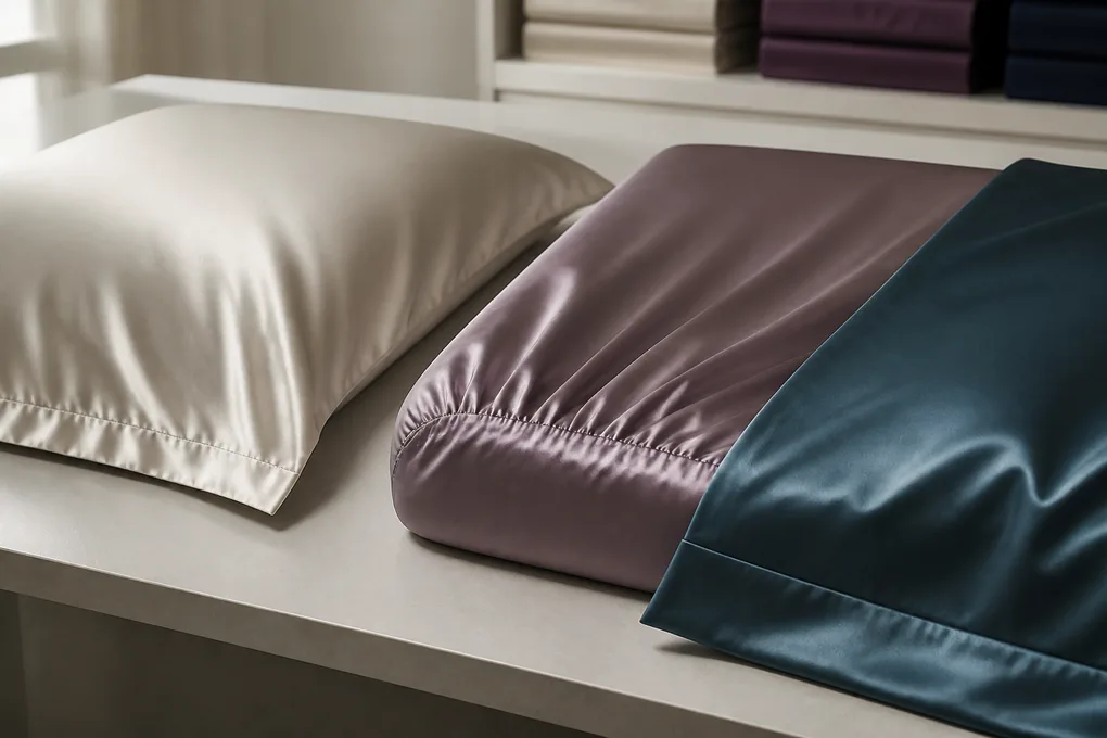 A silk pillowcase, fitted-sheet corner and duvet-cover edge displayed as three clearly different bedding constructions