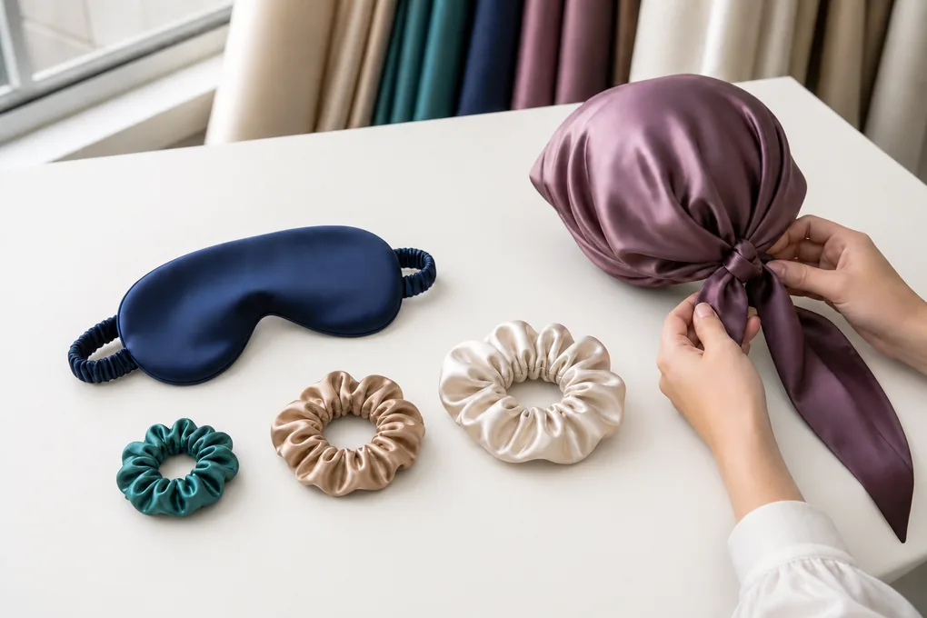 A flat sleep mask, three scrunchie widths and a tie bonnet arranged by visible shape and closure type