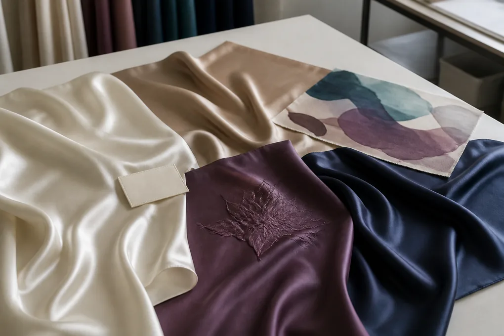 Plain silk surfaces showing one small blank label tab, one unbranded embroidery sample area and one abstract printed motif swatch