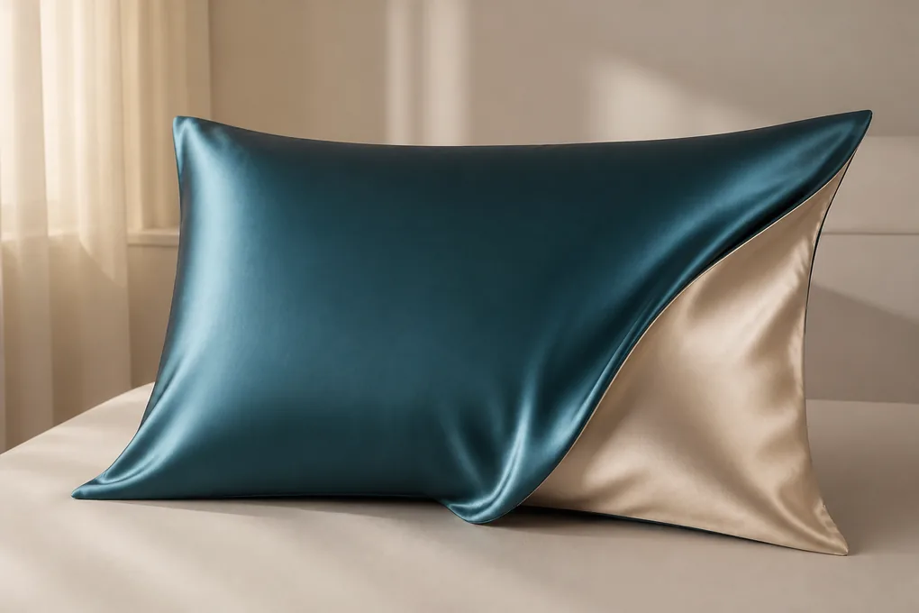 A reversible pillowcase folded back to reveal two clearly different smooth silk faces with coordinated colors