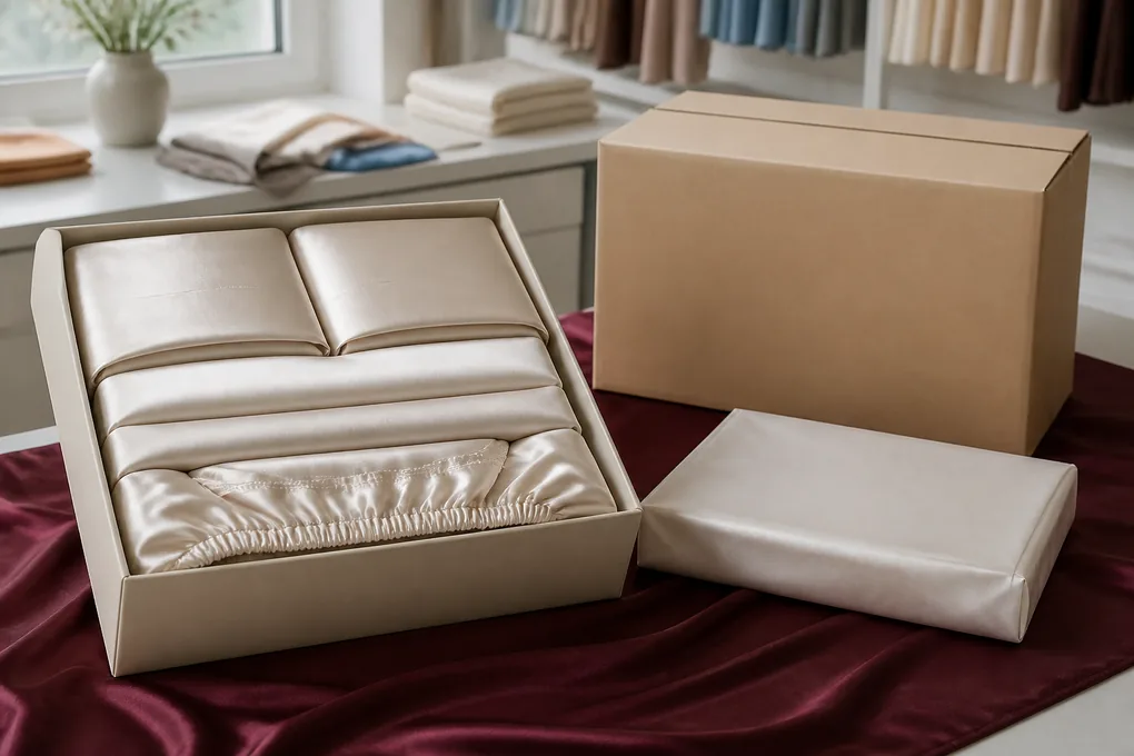 Folded silk bedding components nested in a plain set box beside an inner pack and unmarked outer carton