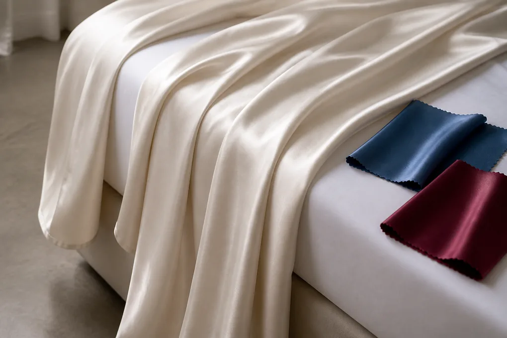 A broad silk bedding panel falling over a mattress edge in lightweight folds beside two coordinated swatches