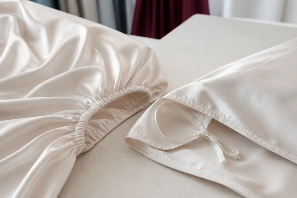 A fitted-sheet elastic corner beside a duvet-cover opening with inner tie and clean edge finish