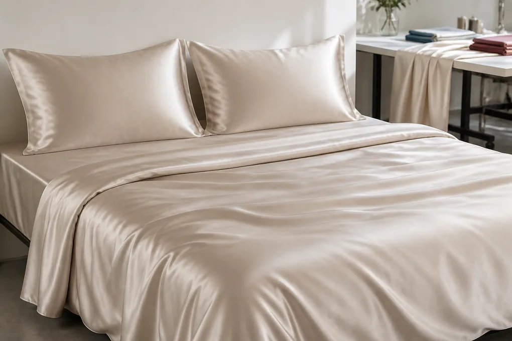 A neatly dressed bed showing a coordinated silk duvet cover, fitted sheet and two pillowcases with natural flowing highlights