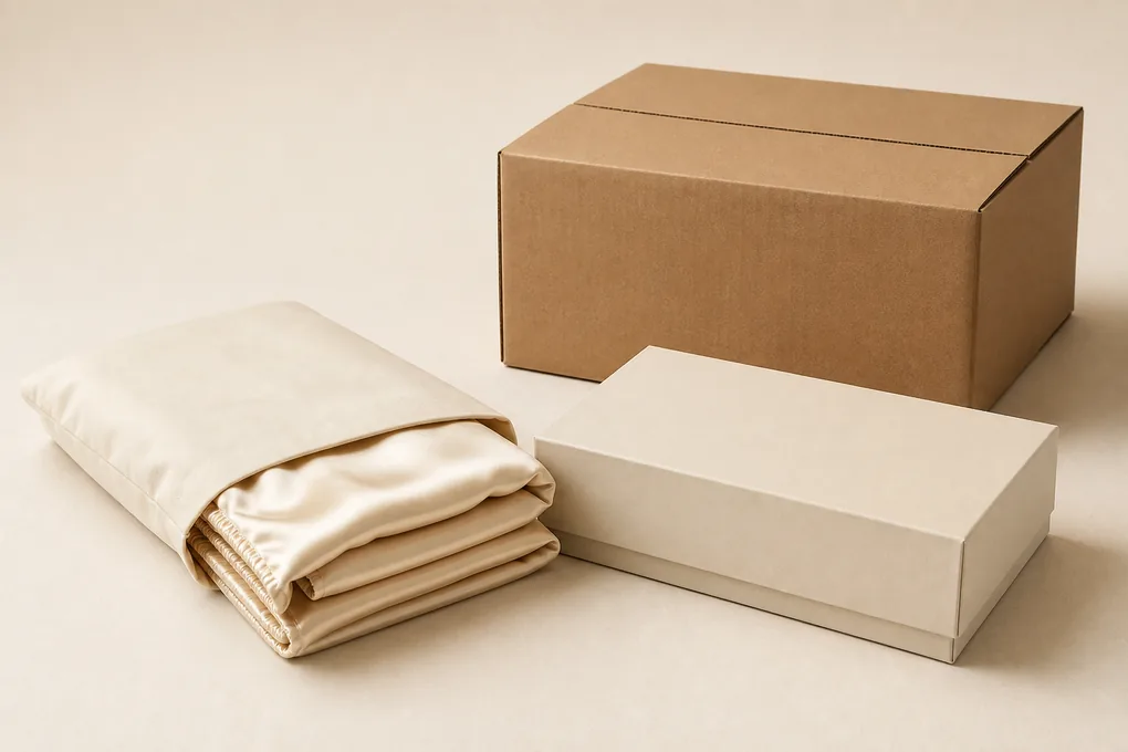 A precisely folded silk fitted sheet in a protective pouch beside an unmarked carton