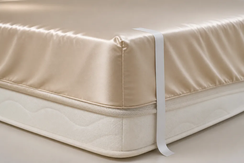 A deep fitted-sheet pocket drawn over a mattress corner beside a visible measuring tape