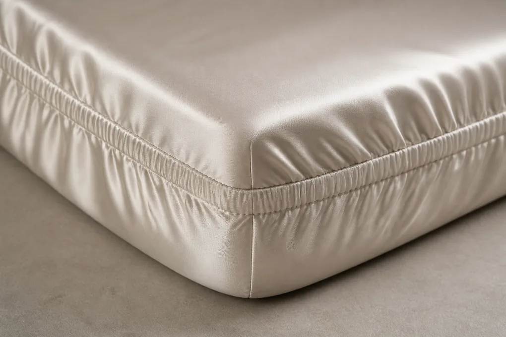 Close construction view of a silk fitted-sheet corner seam, elastic casing, and clean edge finish