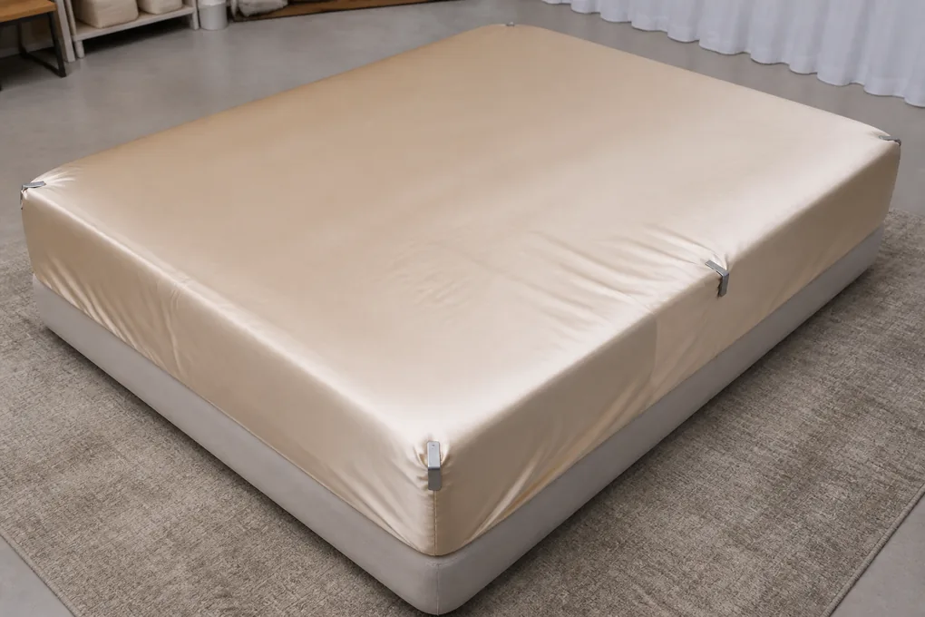 A fitted sheet on a test mattress with four distinct fit and tension points
