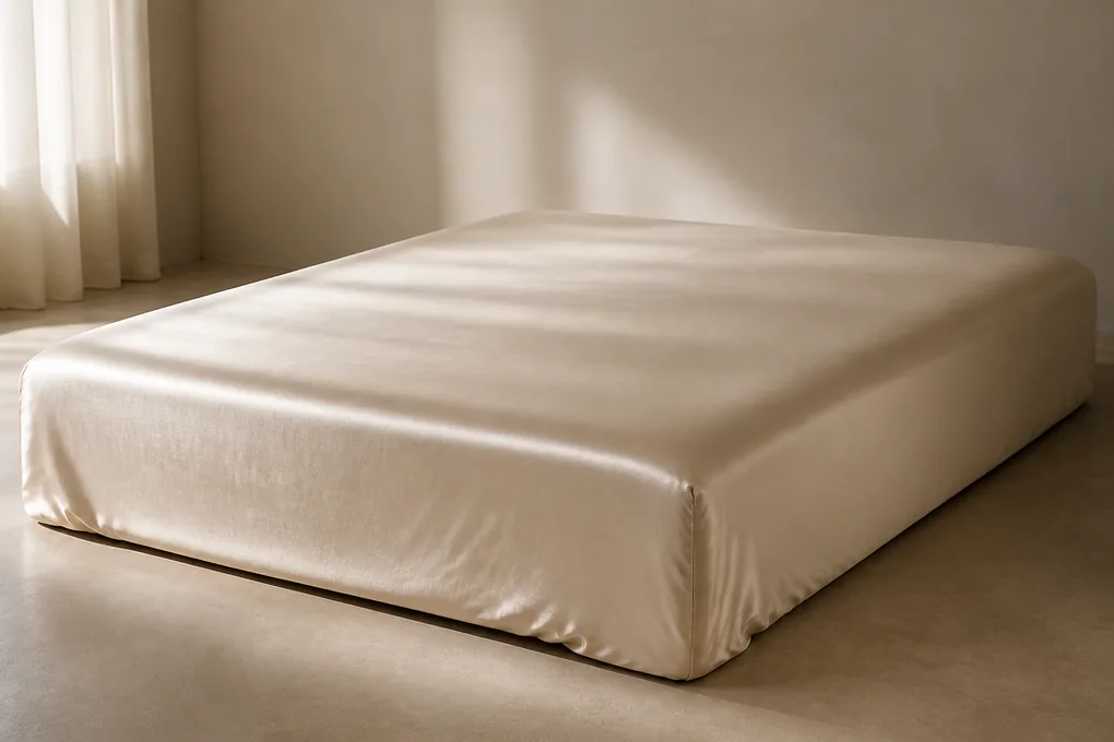A silk fitted sheet smoothly installed on a mattress with one corner and natural edge drape clearly visible