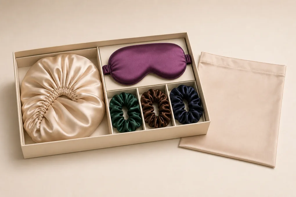 A folded silk bonnet paired with a sleep mask and scrunchies in a plain beauty-set box