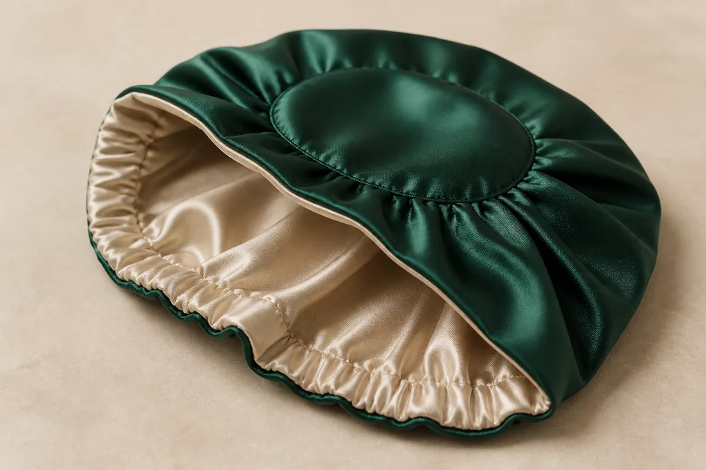 A bonnet opened to show smooth inner silk, outer silk, crown panel and layer junctions