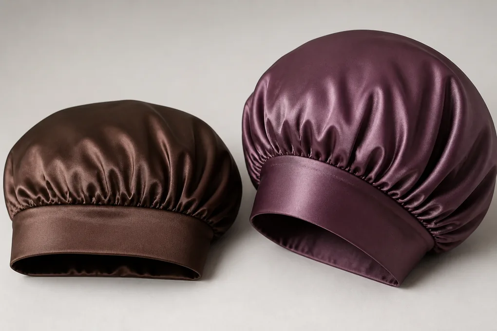 Two bonnet crown depths beside a close view of a soft forehead band and gathered seam