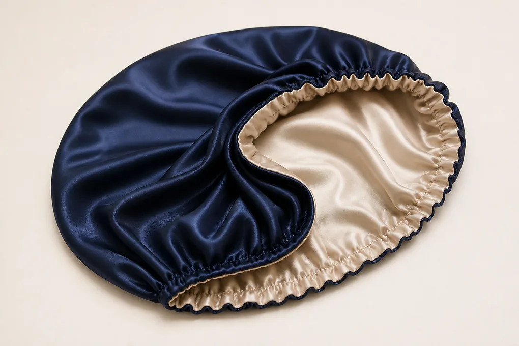 A reversible bonnet turned partly inside out to show clean seams, lining continuity and label-free surfaces