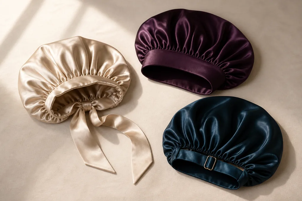 Tie, covered-elastic and adjustable silk bonnets displayed with their closure systems fully visible