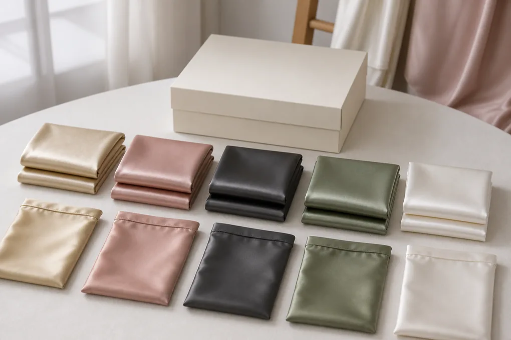 Single and paired silk pillowcases folded into plain protective pouches and an unmarked rigid box with countable variants