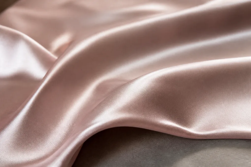 A macro view of smooth pillowcase silk crossing a soft fold with continuous curved highlights and a fine low-fuzz surface