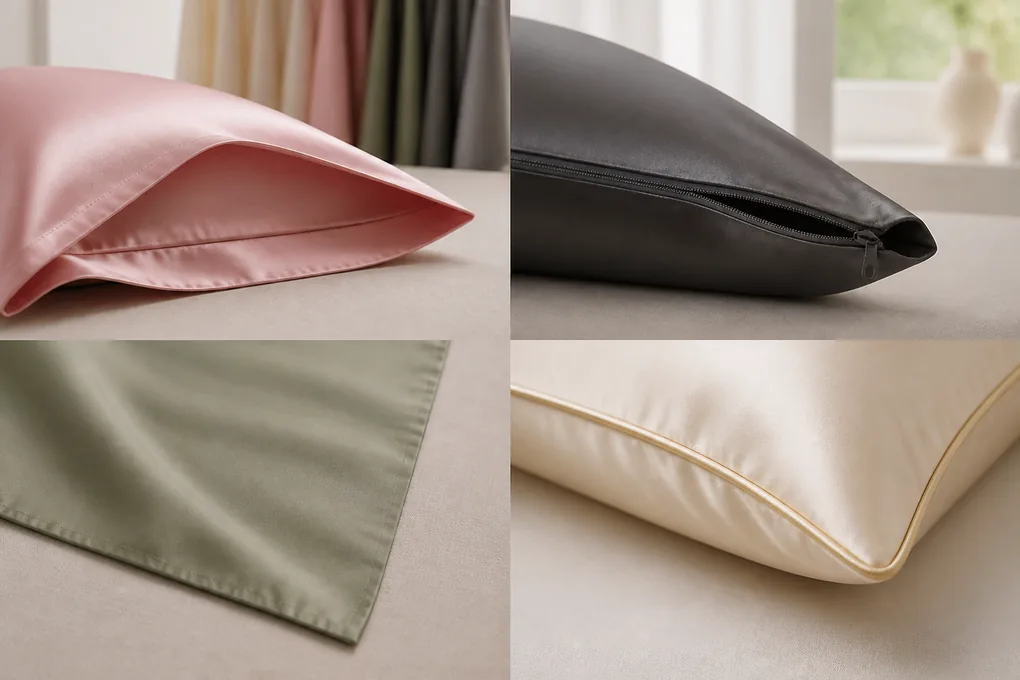 One envelope opening, one concealed zipper end, one plain edge and one piped corner shown as separate construction details
