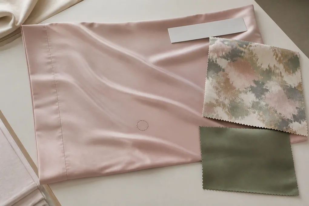 A pillowcase panel with a solid shade swatch, an abstract repeat swatch, a blank label tab and a small unbranded embroidery placement marker