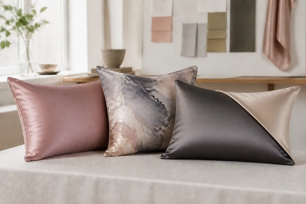 Three silk pillowcases distinguished by plain classic styling, an abstract printed face and a two-color reversible fold