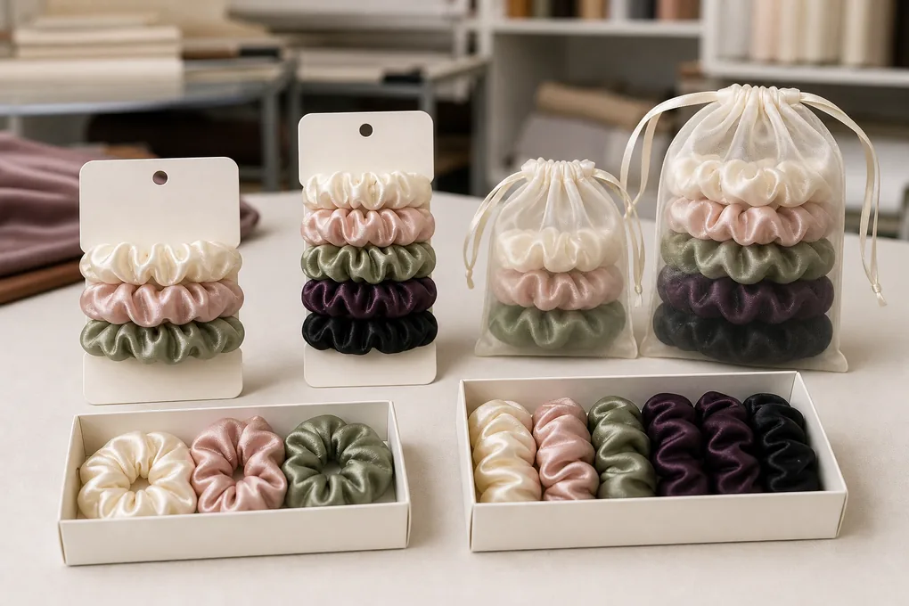Three-count and five-count silk scrunchie assortments in plain cards, pouches and boxes with visible color counts