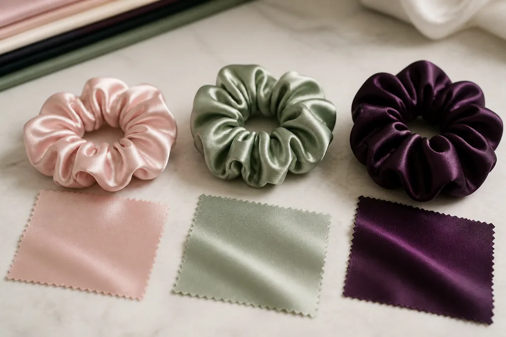 Three scrunchies made from smooth silk in distinct luster and fullness levels beside matching flat swatches