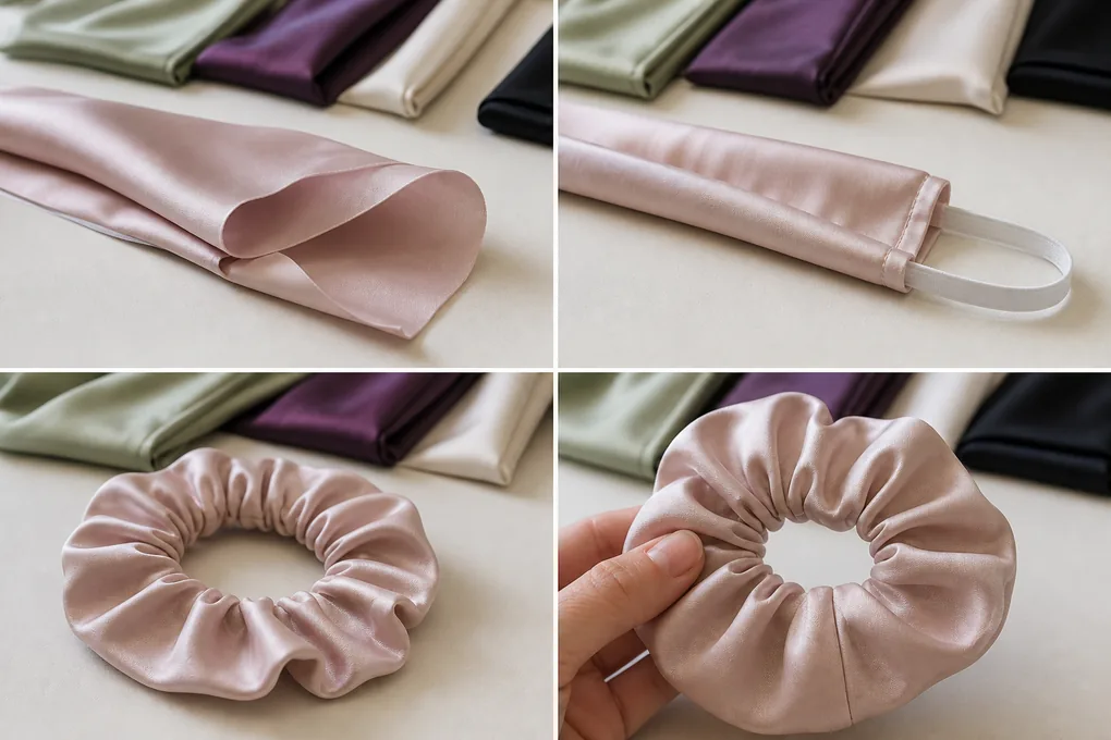 An opened silk tube, enclosed elastic, gathered ring and discreet closing seam shown as a four-step construction sequence