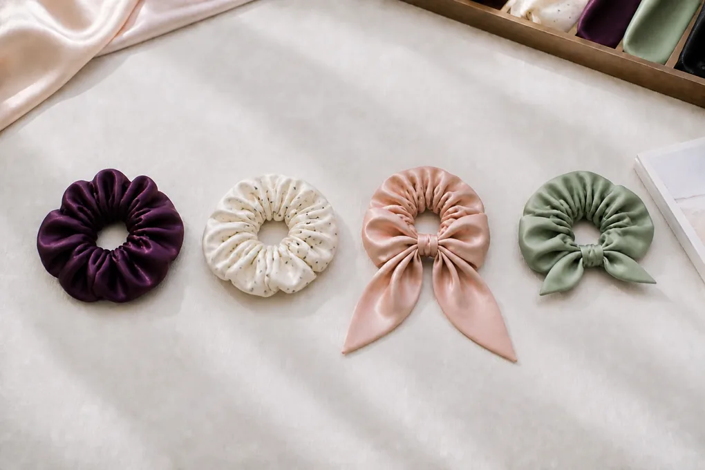 Solid, small abstract print, bow-tail and ribbon-detail scrunchie variants separated on a neutral surface