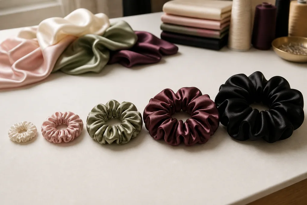 Mini, skinny, classic, large and oversized silk scrunchies arranged from smallest to fullest with clear scale differences