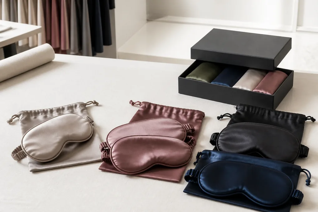 Single, paired and amenity-style silk mask packs using plain pouches and an unmarked gift box