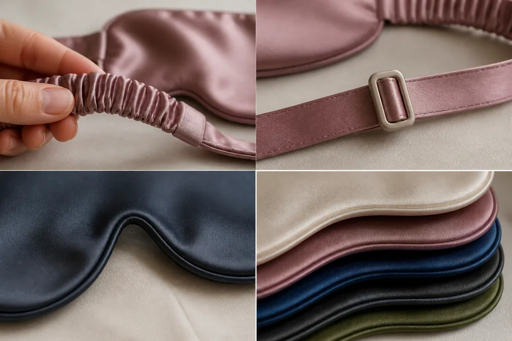Covered elastic, a neutral adjustable slider, shaped nose area and piped edge shown in four connected construction details