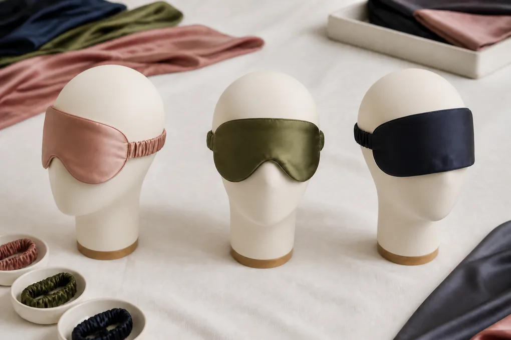 Three neutral mannequin head forms showing different sleep-mask coverage silhouettes without human identity