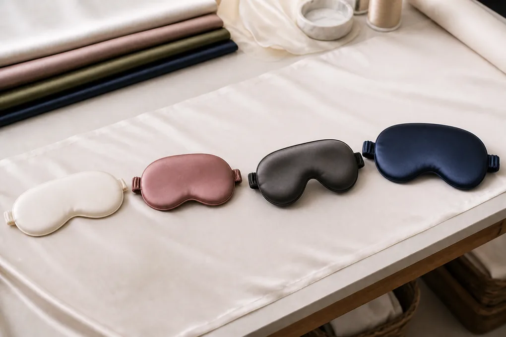 Flat, softly padded, contoured and wide-coverage silk sleep masks arranged in one clearly separated lineup