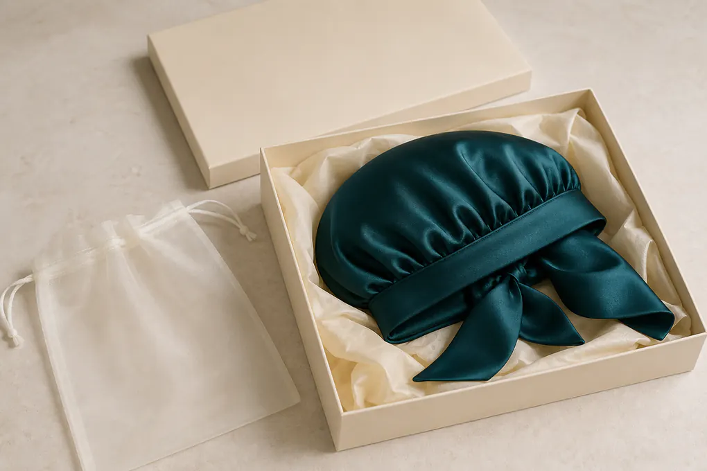 Tie silk bonnet folded inside a protective pouch and plain gift box with the crown uncompressed