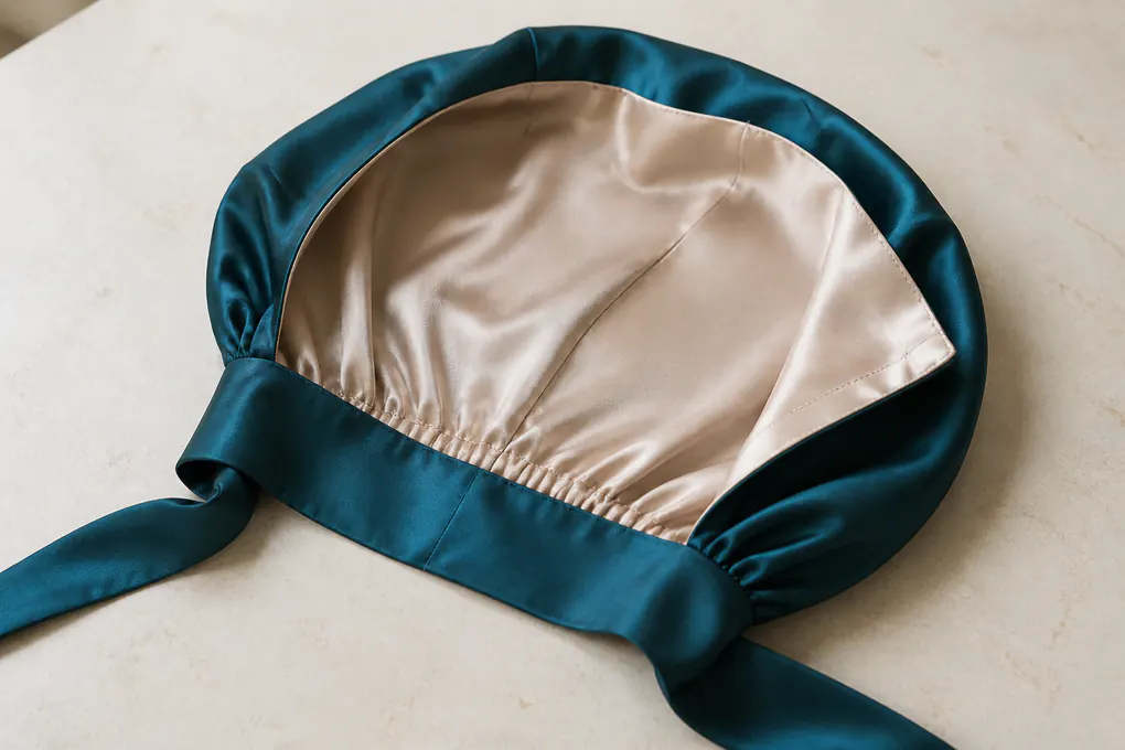 Opened tie silk bonnet showing crown panels, lining edge, gathered joins, and interior construction