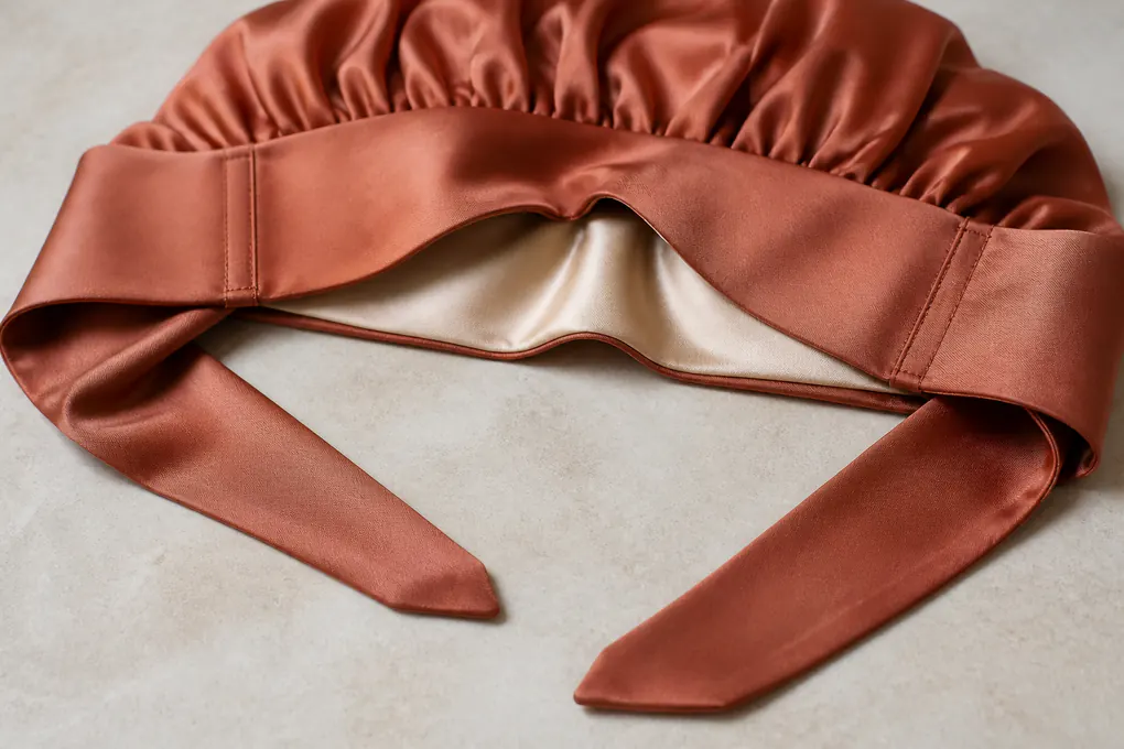 Close view of tie taper, edge band, forehead contact area, and tie anchor construction