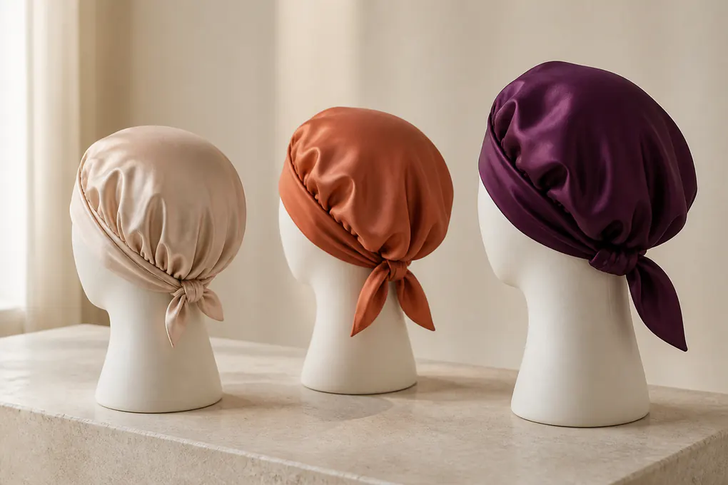 Tie silk bonnets on neutral head forms with distinct crown volumes and tie positions