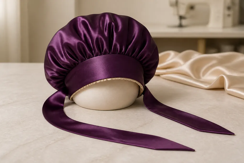 Tie silk bonnet shown from the exterior with a full crown, edge band, and tapered ties